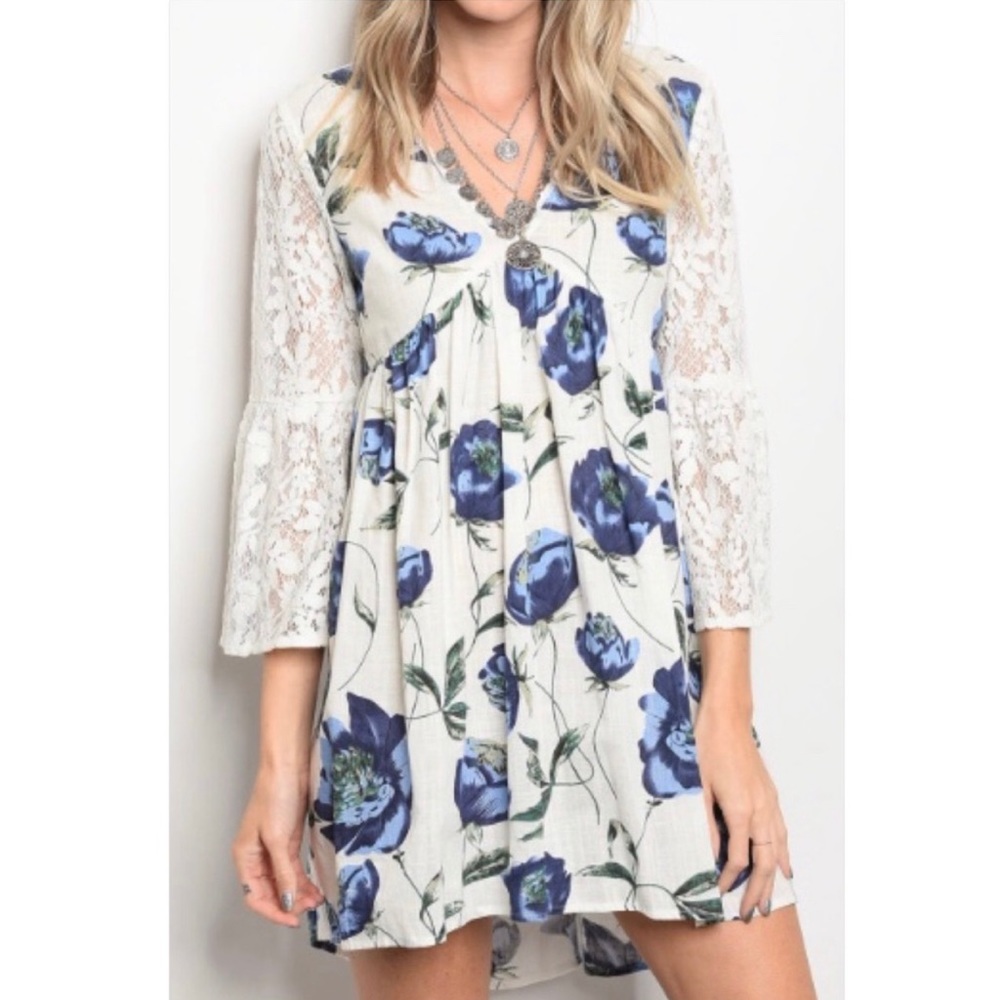 Ivory & Blue Floral Lace Sleeve V Neck Dress S M L
